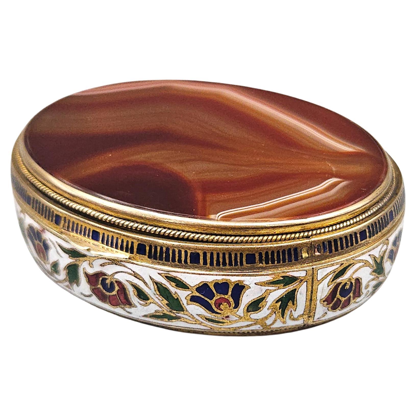 Champlevé-Emaille und doppelseitige Achat-Schnupftabakdose / Bonbonnière, Frankreich um 1880