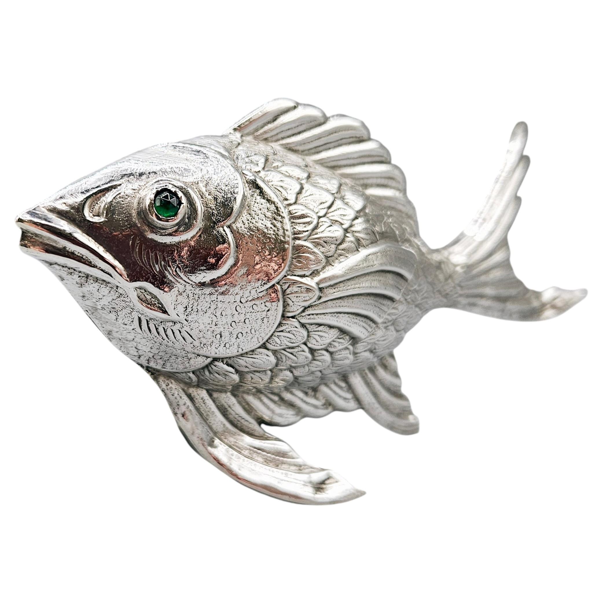 Antique Spanish Silver Fish Sculpture with Emerald Green Glass Eyes, c. 1930 For Sale