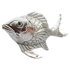 Antique Silver Fish Sculpture with Emerald Green Glass Eyes, Spain, c. 1930