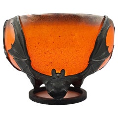 Émile Gallé Art Nouveau Bat Bowl, Orange Enamel Glass, Val & Cie, France c. 1900