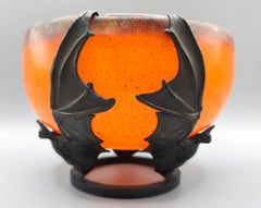 Émile Gallé Art Nouveau Bat Bowl, Orange Enamel Glass, Val & Cie, France c. 1900