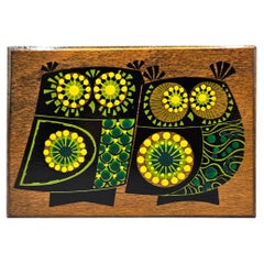 Portagioie a cerniera con gufi dipinti a mano, in stile folk art scandinavo svedese degli anni ’60