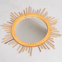 French Mid-Century Modern Handcrafted Rattan Wall Mirror - Circa 1960