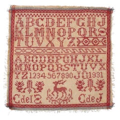 Vintage 20th Century Red and White Cross-Stitch Sampler with Alphabet & Numbers