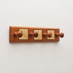 Vintage 1960 Catalan Artist Diaz Costa Hand-Painted Ceramic and Wood Hanger