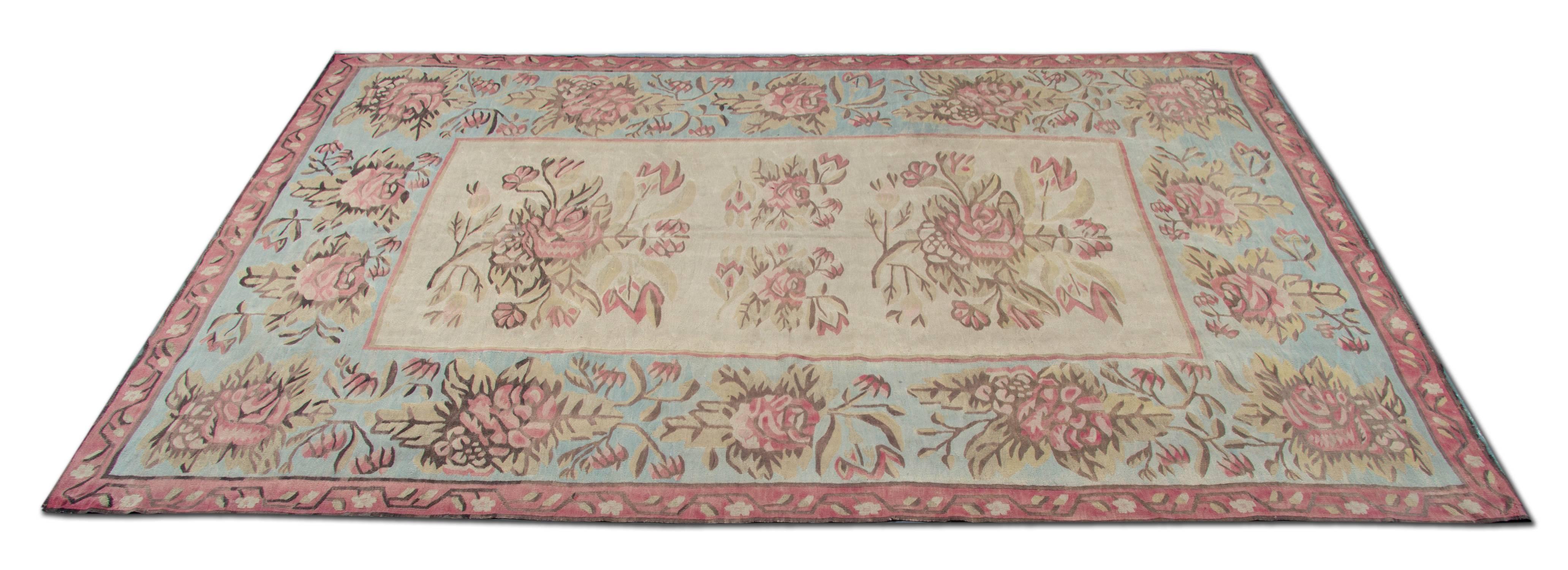 Bessarabian kilims are the commonly given name for Carpets in pile and tapestry technique originating in Russian provinces as well as Ukraine and Moldova during the late 19th and early 20th centuries. This is an example of floral rug design, circa