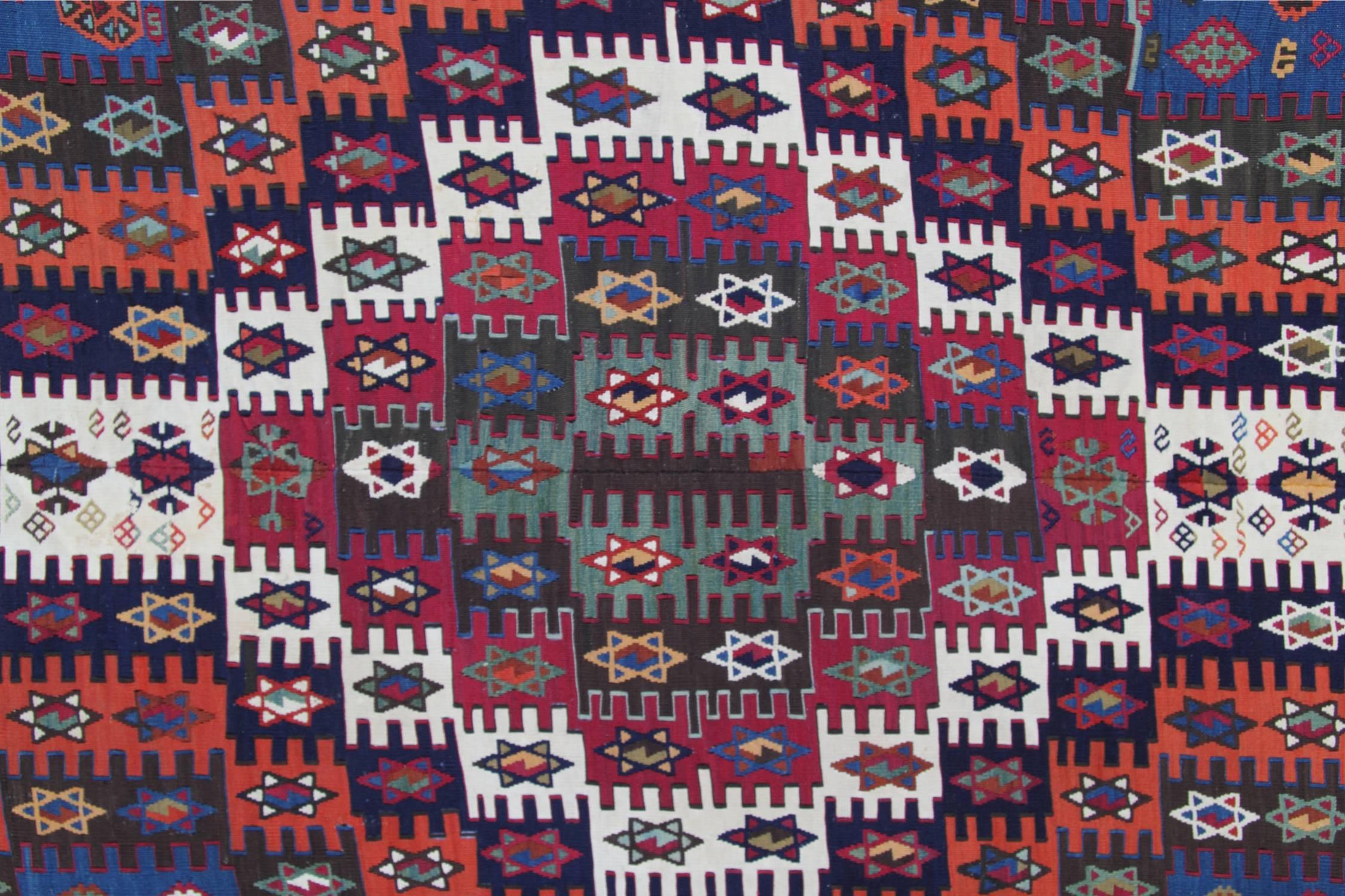 Needlepoint Handmade Carpet Antique Rug Oriental Caucasian Kilim Rug Runner for Sale For Sale