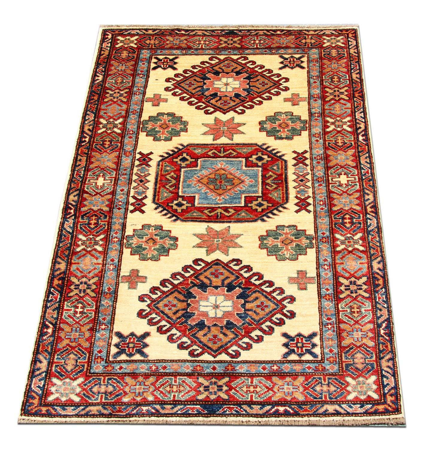 This traditional handwoven tribal rug with bold colors of cream, light blue and red featuring intricate geometric rug designs of stars, peacocks trees encompassing three medallions. This cream rug is handmade with wool and cotton. Afghan rugs would