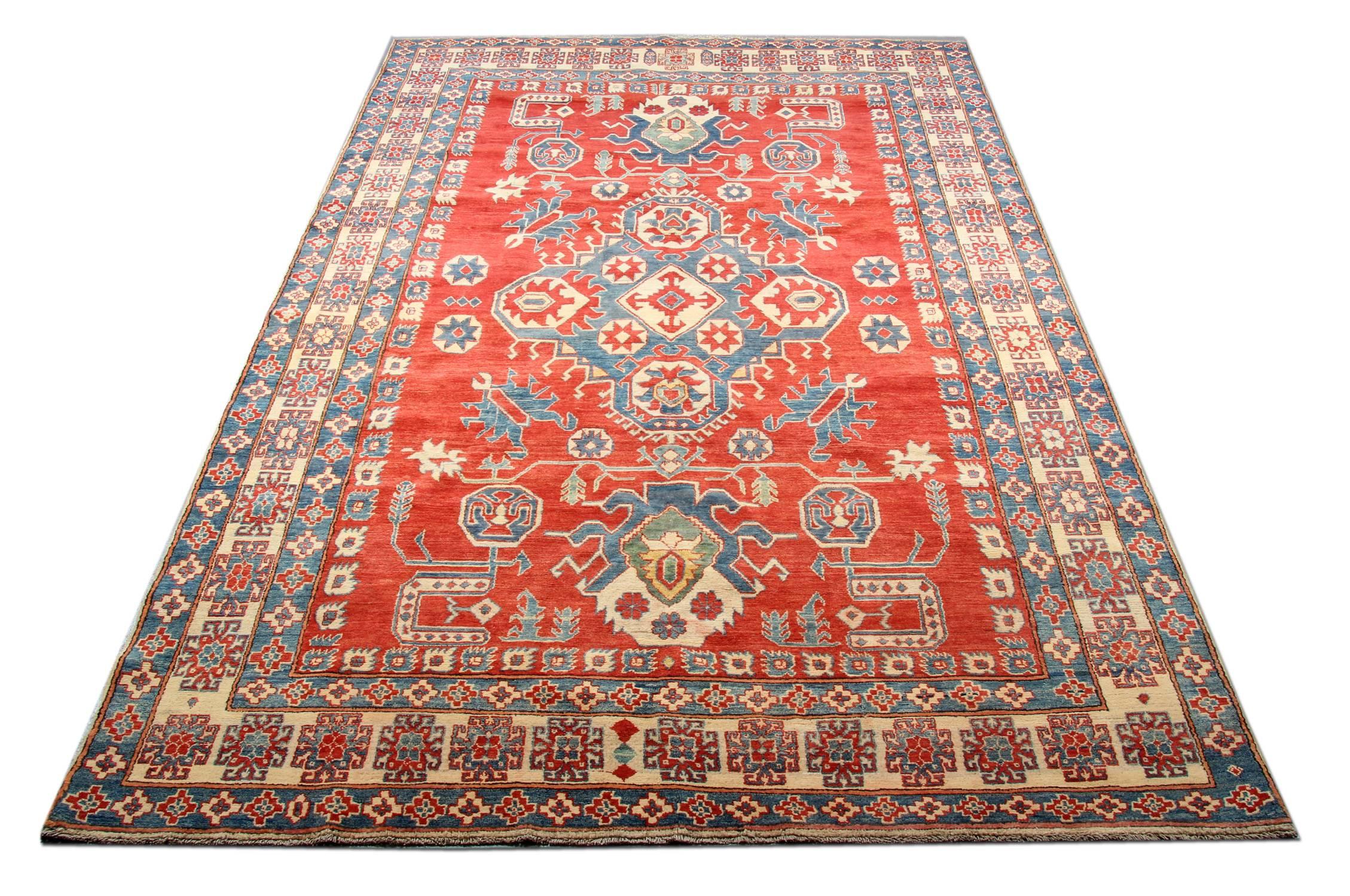 Oriental rugs are handwoven featuring Kazak designs. Handmade rugs are making the region of Afghanistan. This tribal rug was made by Afghan weavers of top quality wool and cotton. It features typical geometric rug patterns. Dominant colours of this