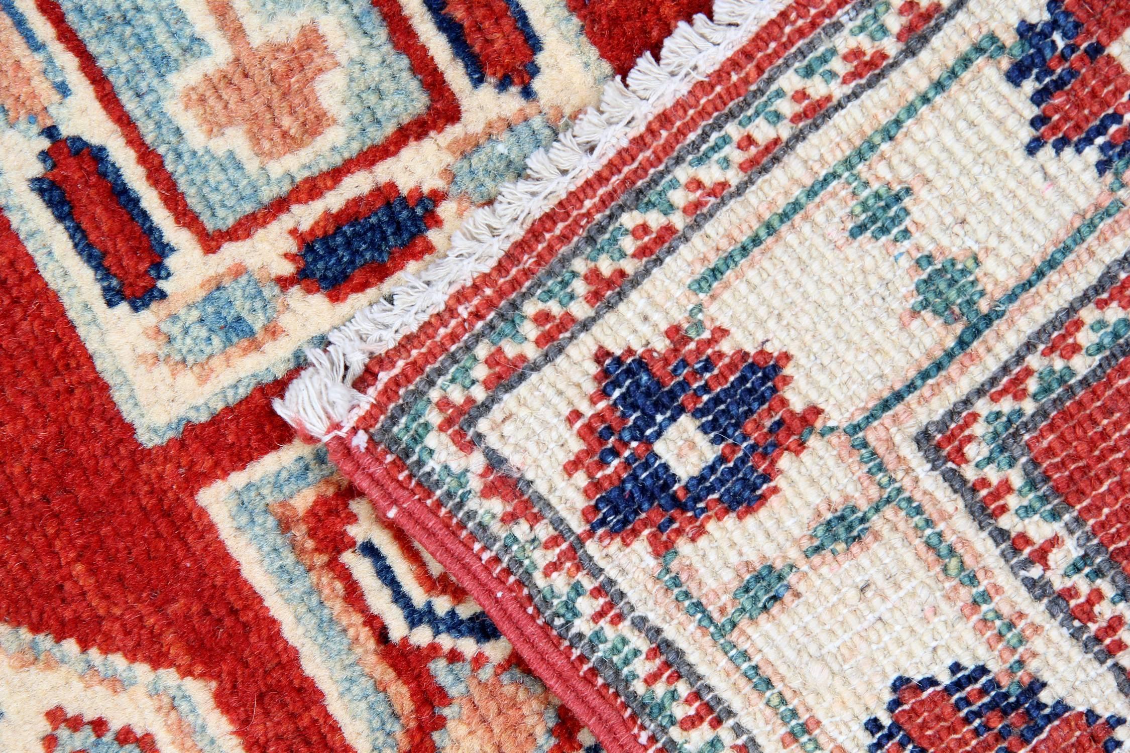 Hand-Knotted Small Kazak Rugs, Geometric Carpet Red Door Mat Primitive Rustic Rug 65x93cm  For Sale