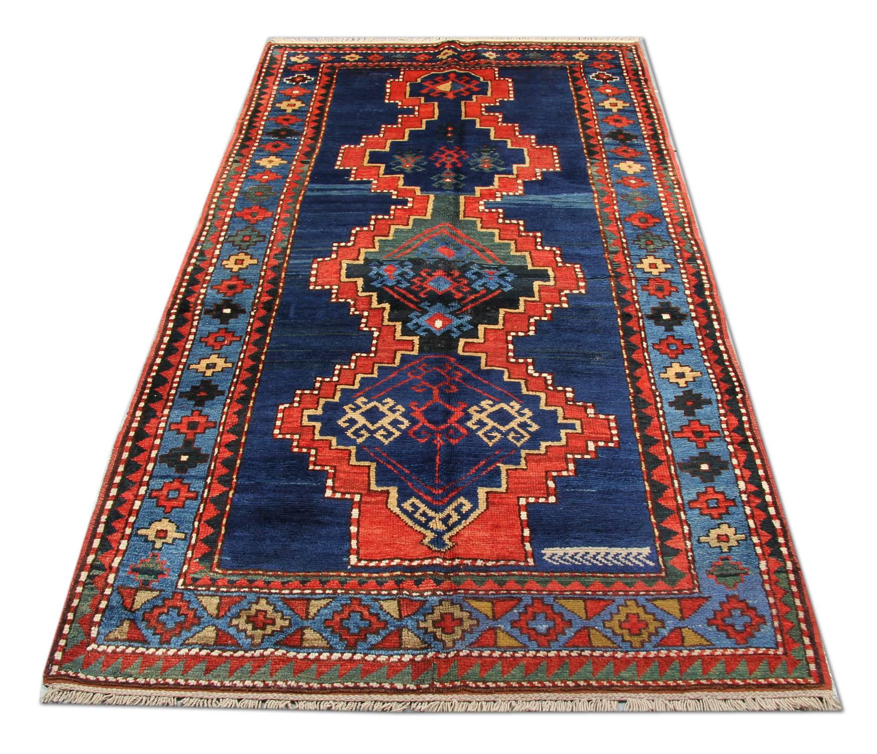 Hand-Knotted Antique Rugs Blue Caucasian Kazak Rugs, Geometric Carpet Livingroom Rug For Sale