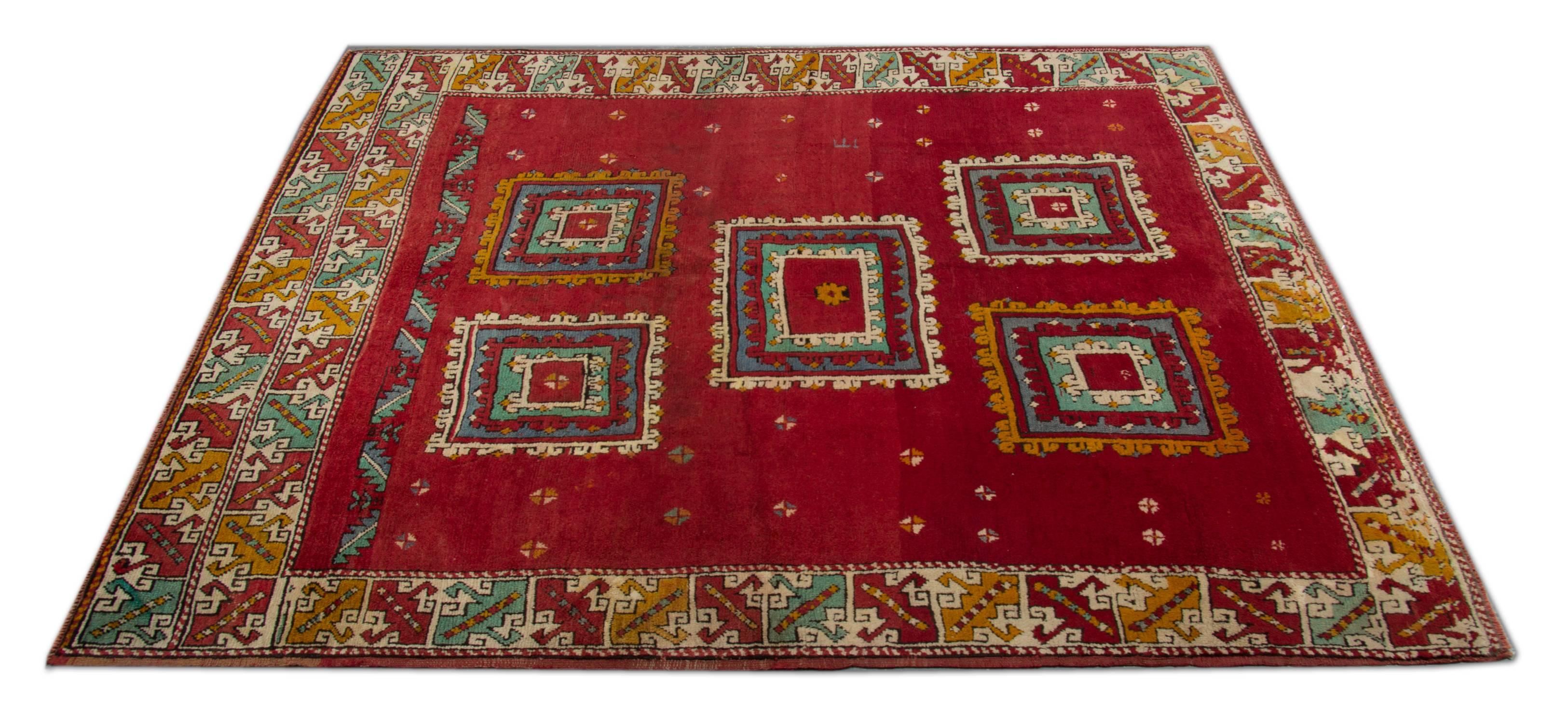 This handmade carpet red rug is a kind of beautiful hand-knotted Turkish carpets or Anatolian oriental rugs with geometric rug pattern and very elegant tribal and geometric rug design. These wool rugs have vibrant natural dyes. The combination of