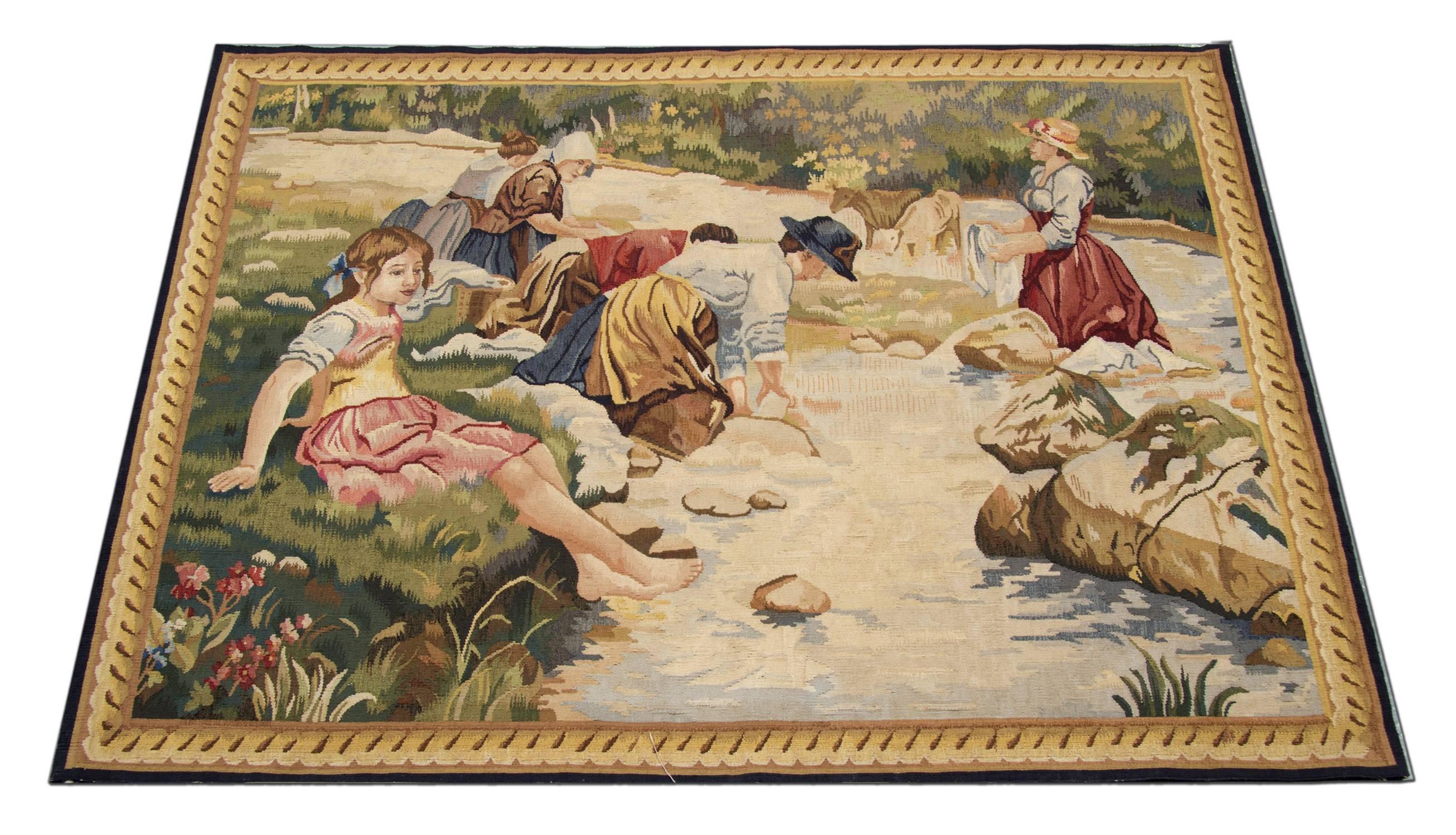 This fine needlepoint features a fantastic river scene with women washing clothes and a young girl dipping her toes. The detail in this handwoven needlepoint is intricate and makes the perfect accent accessory. 
Woven with hand-spun wool which has