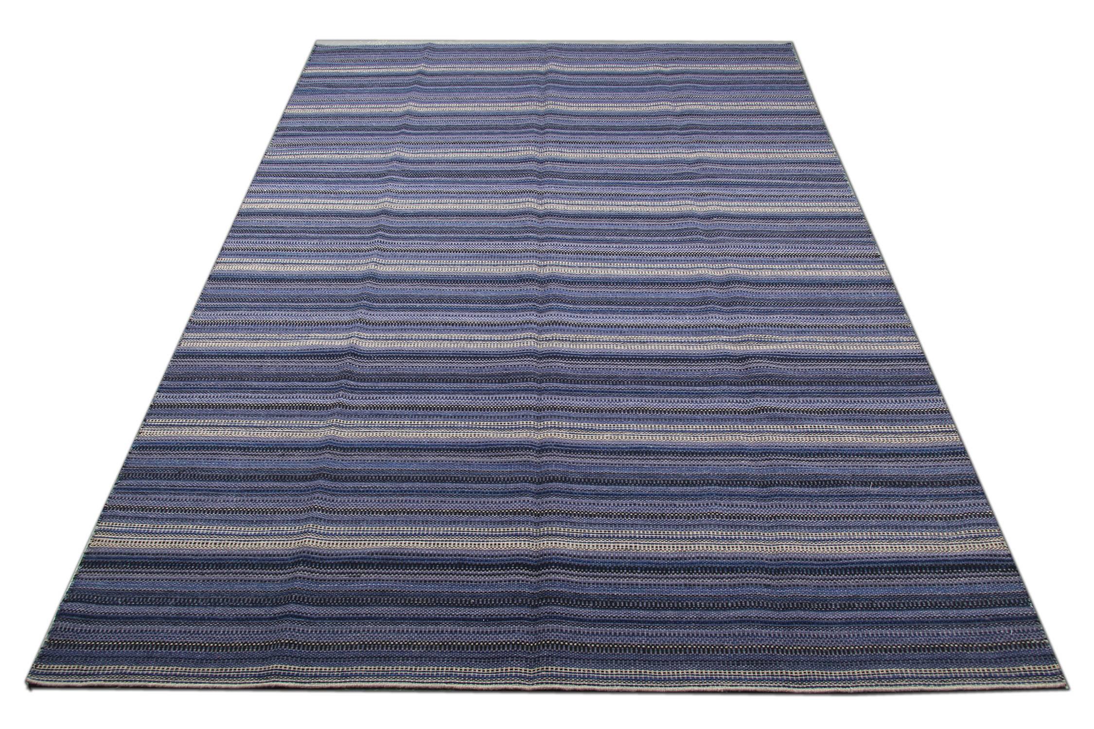 Organic Modern Handmade Carpet Modern Striped Kilim Rug, Blue Carpet Kilims Area Rug For Sale