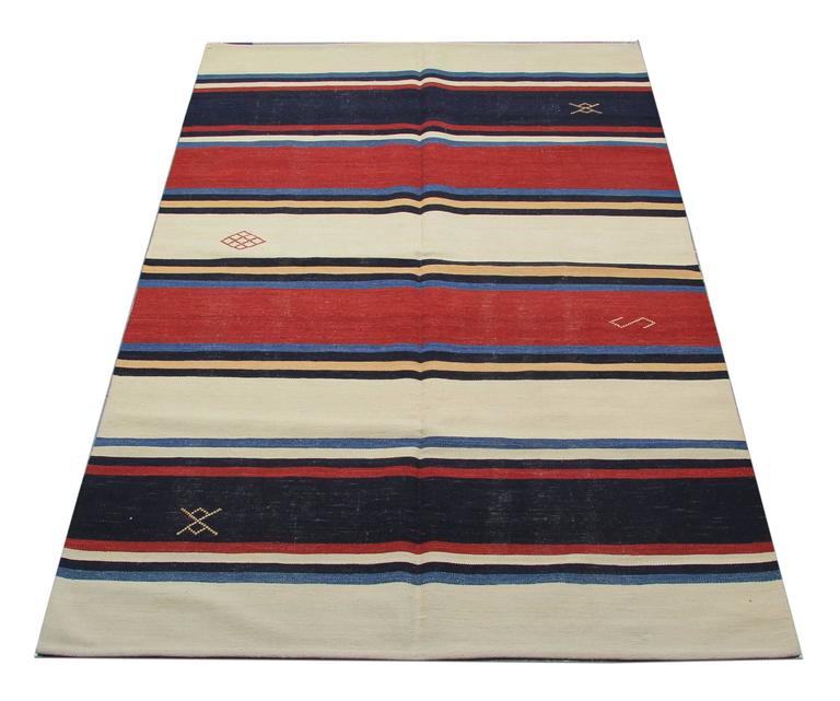 Wool Kilim Rug, Striped Rug Blue Red Carpet Handwoven Area Rug For Sale