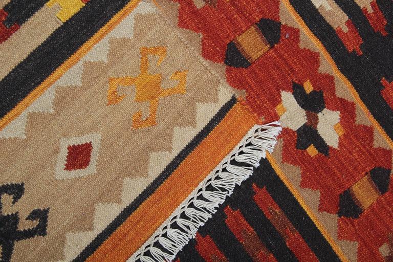 Modern Traditional Striped Kilim Geometric Brown Rust Wool Kilim Rug For Sale