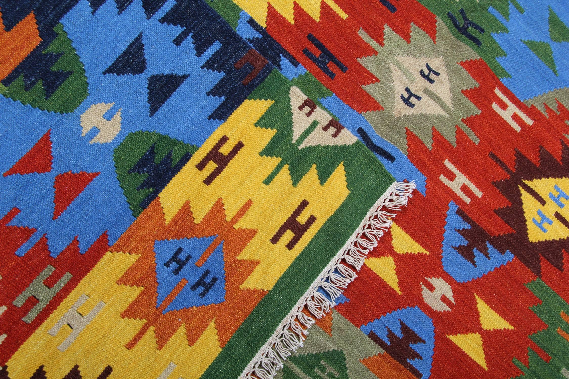 Afghan Vibrant Geometric Kilim Rug Flat Area Oriental Rug For Sale