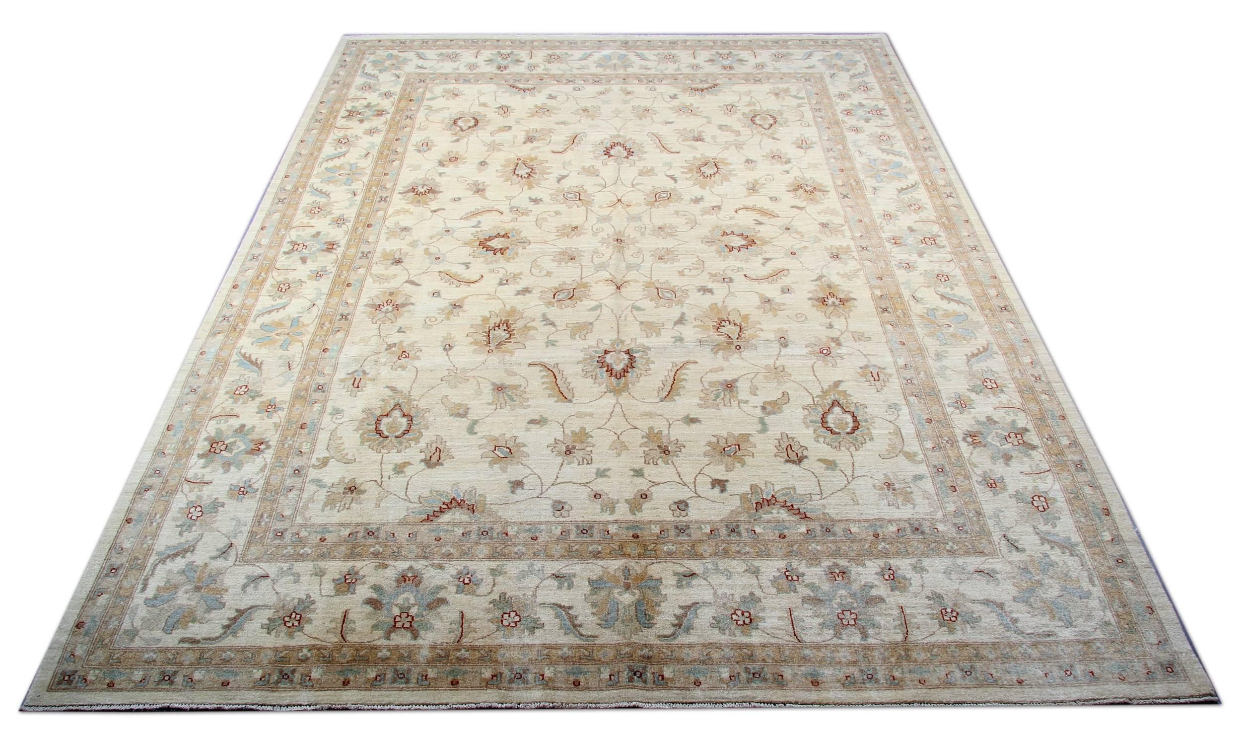 This washable Cream rug is a Ziegler Sultanabad rug made on our looms by our master weavers in Afghanistan. It is handmade Carpet with all natural veg dyes all handspun wool. The large-scale design makes Sultanabad regarded as the most appealing to