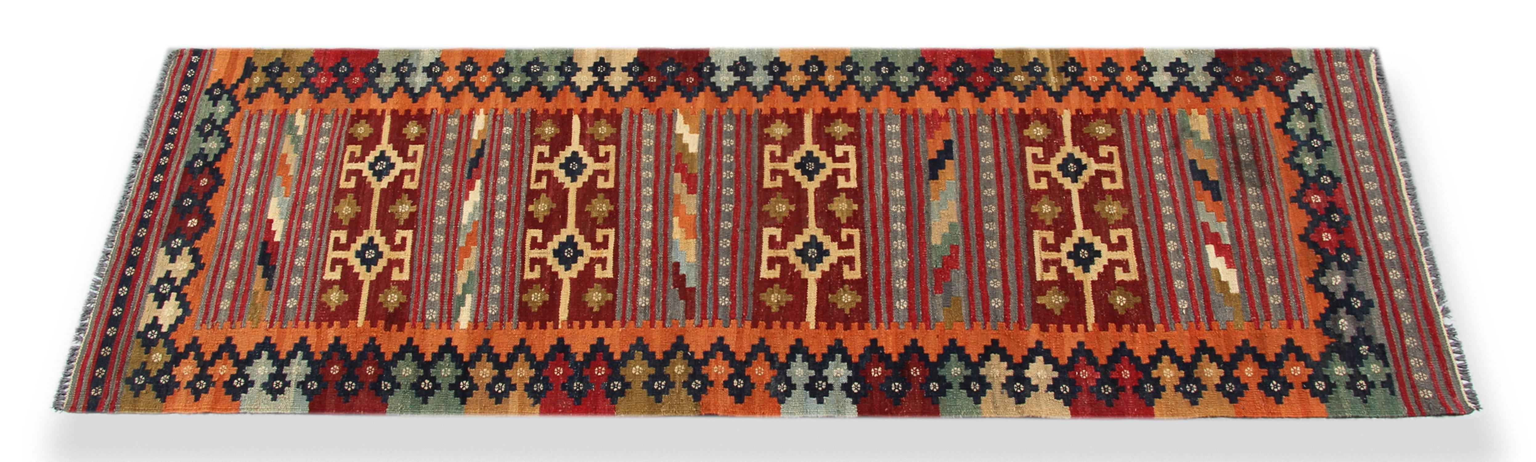 This geometric runner rug has been handmade in Afghanistan by Uzbek and Turkmen tribes by using high-quality wool and cotton. Also, the dyes are organic. The geometric designs are inspired by the Persian Qashqai Tribe and are multicolored.