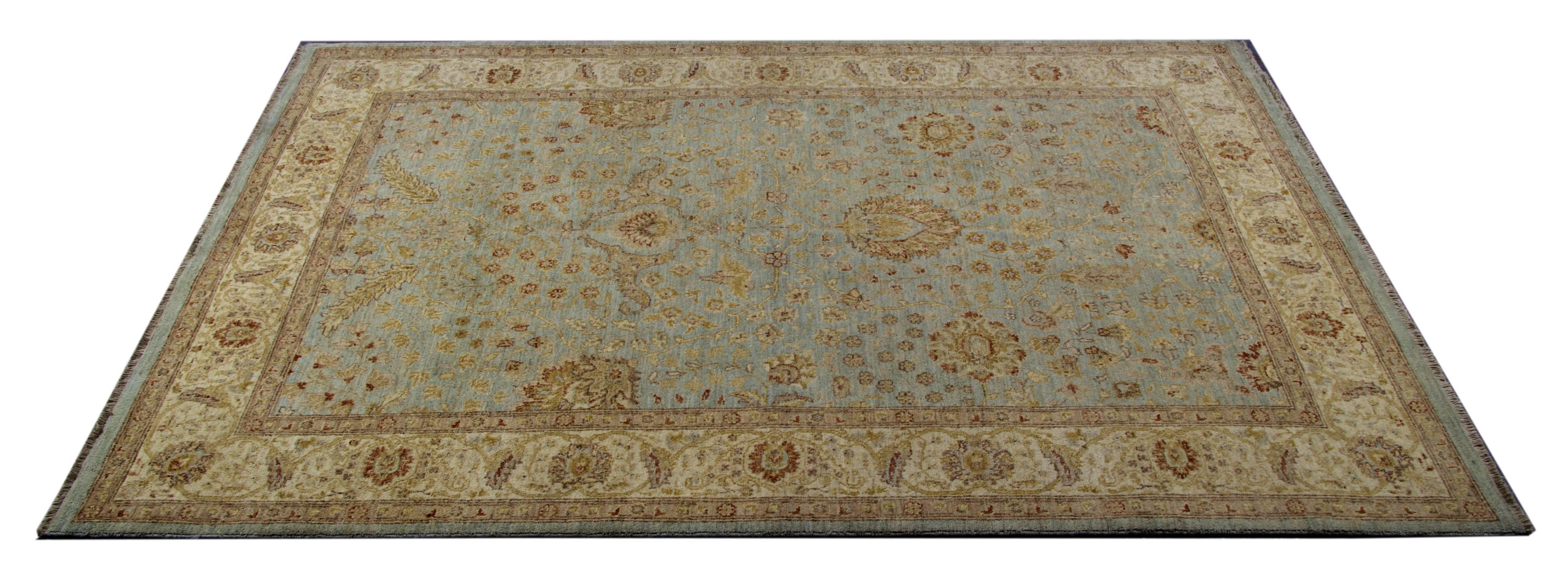 This blue rug is a Fine Ziegler Mahal Sultanabad woven rug made on our looms by our master weavers in Afghanistan. It is very fine carpet rug with all natural veg dyes. This floral rug has all hand spun wool. The large-scale design makes Sultanabad