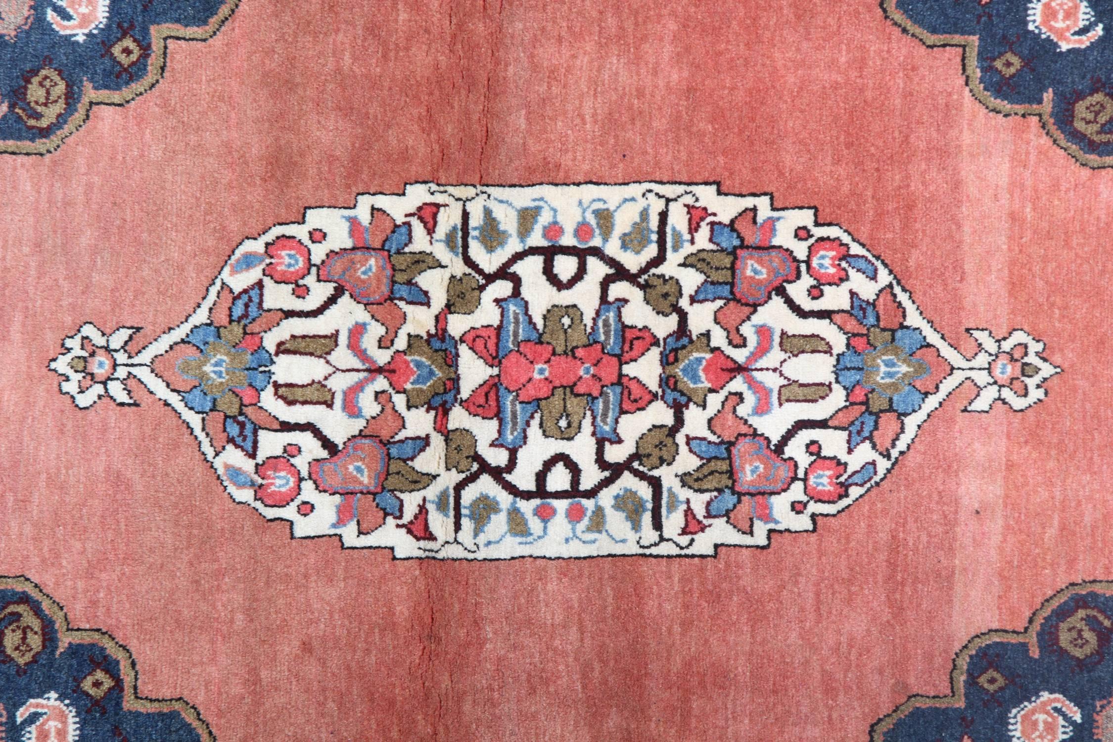 Azerbaijani Handmade Oriental Carpet Rug, Traditional Rust Pink Wool Area Rug For Sale