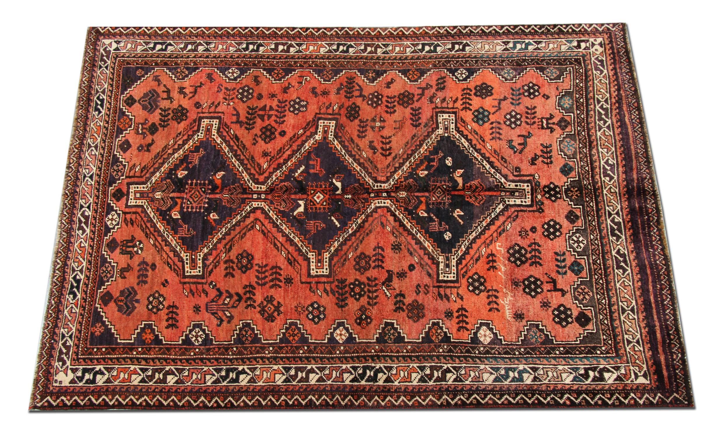 Azerbaijani Tribal Vintage Area Rug, Rust Handmade Carpet Traditional Rug For Sale