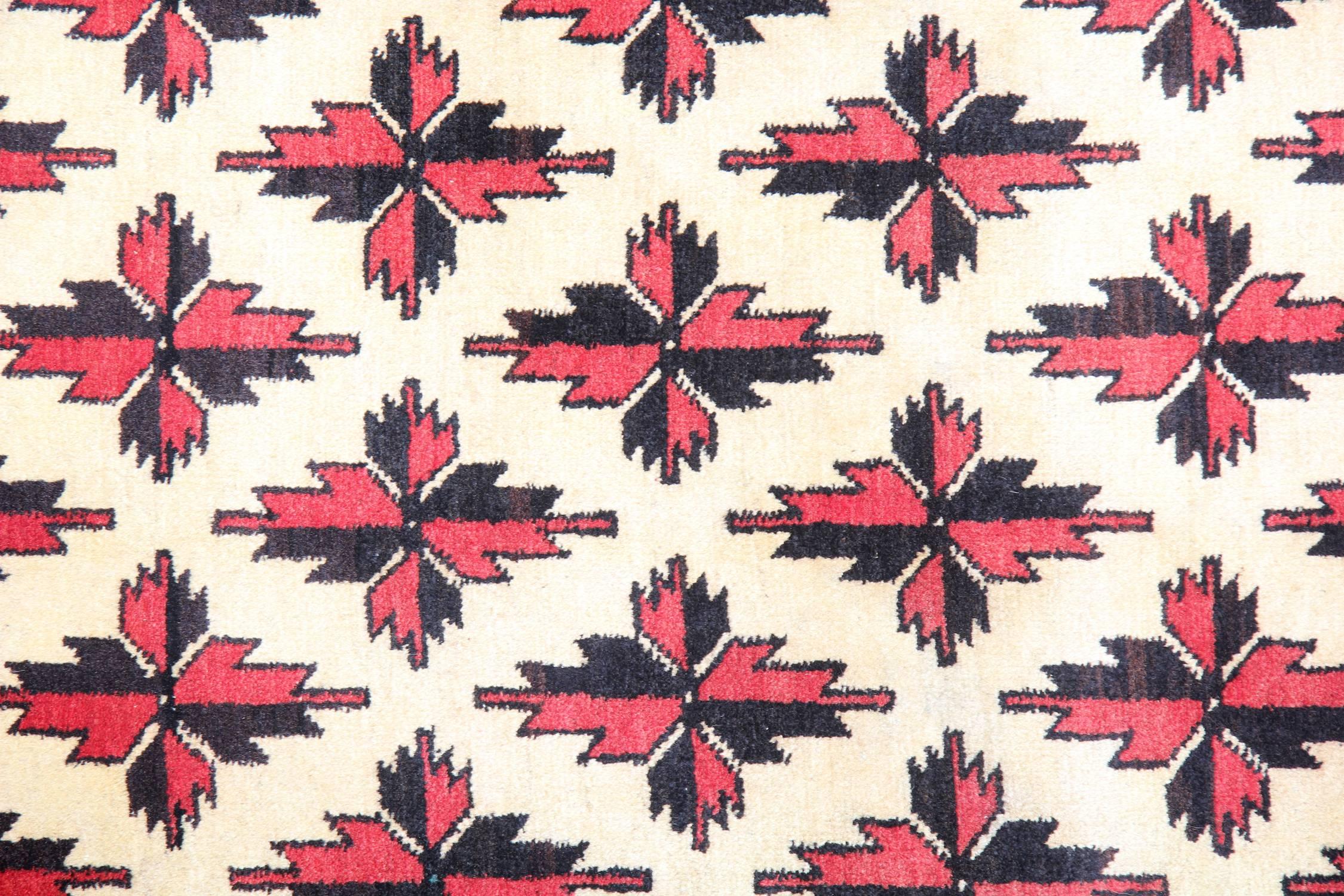 Rustic Handmade Carpet Ivory Vintage Rug, Geometric Cream Red Baluch Rug For Sale