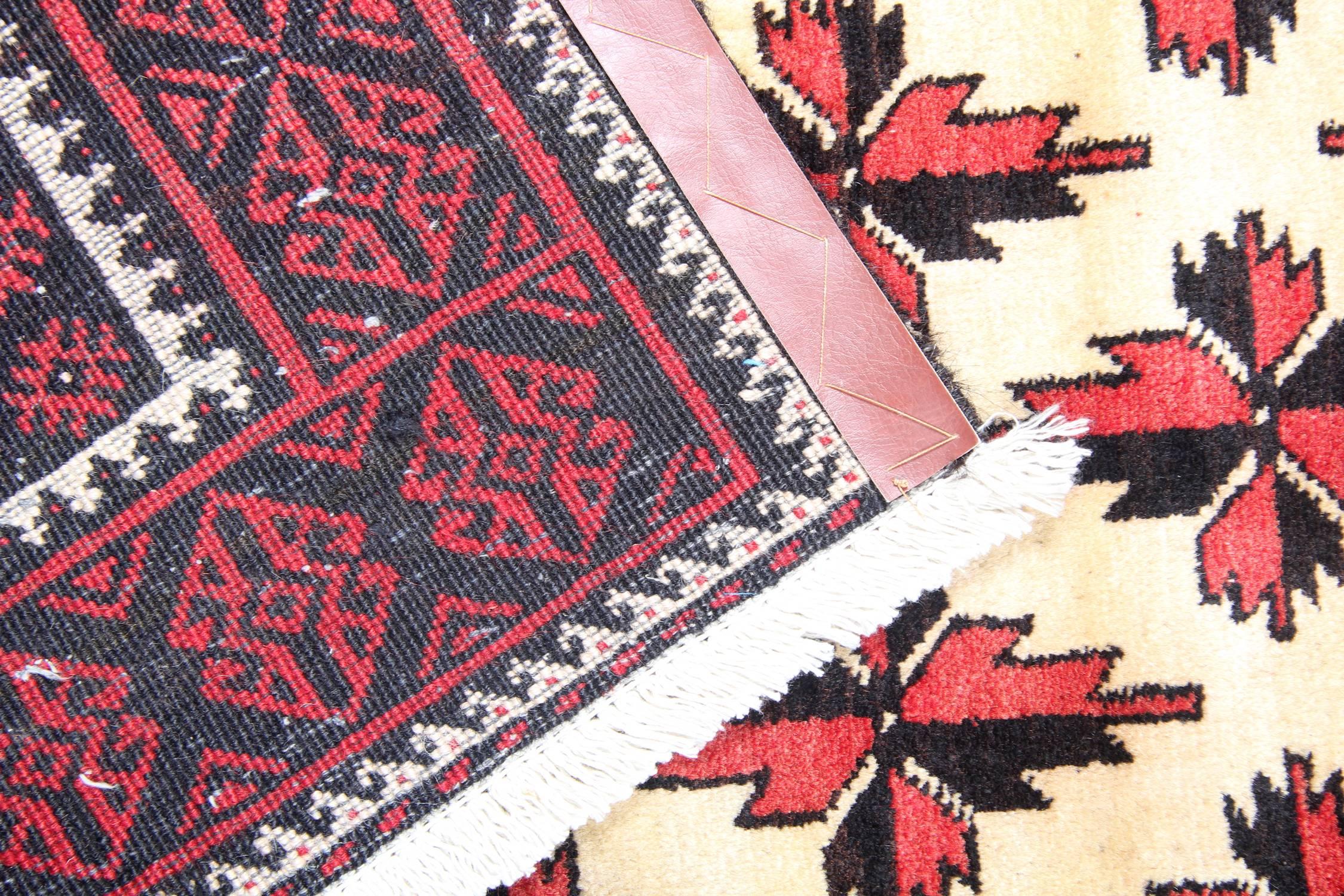 Afghan Handmade Carpet Ivory Vintage Rug, Geometric Cream Red Baluch Rug For Sale