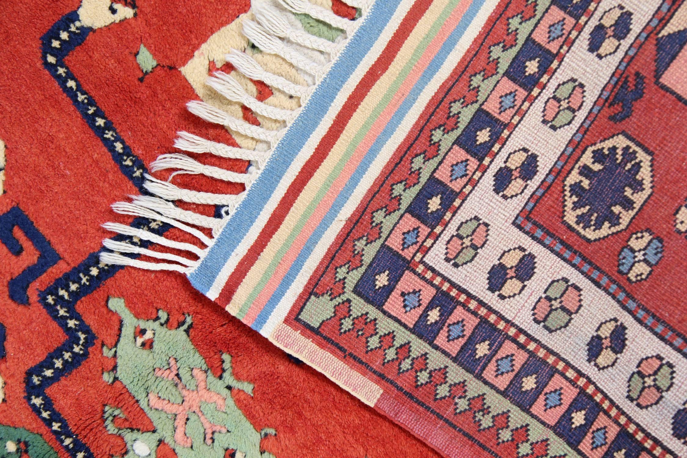Azerbaijani Vintage Oriental Rug Tribal Carpet Geometric Red Wool Rug For Sale