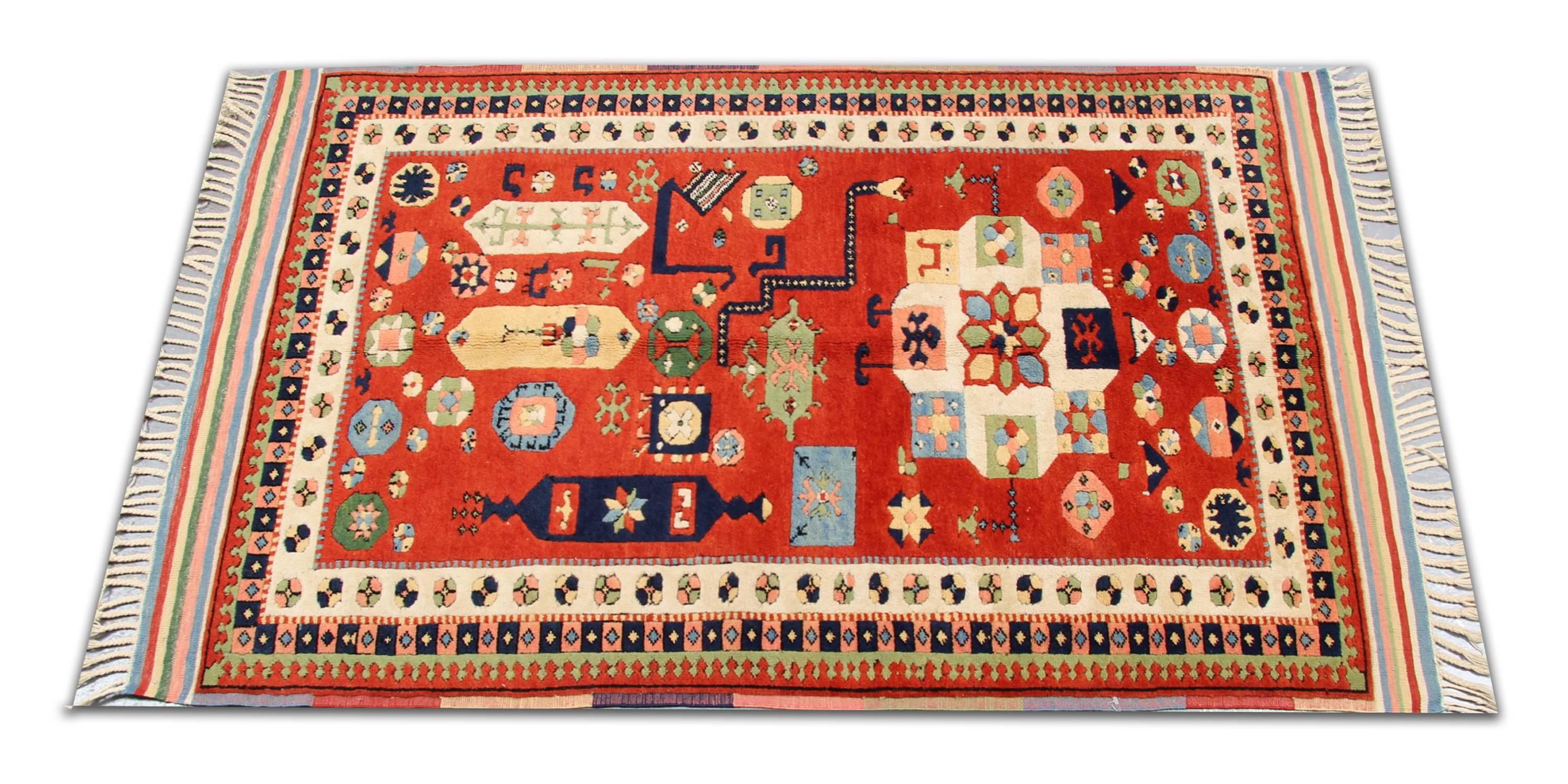 Hand-Knotted Vintage Oriental Rug Tribal Carpet Geometric Red Wool Rug For Sale