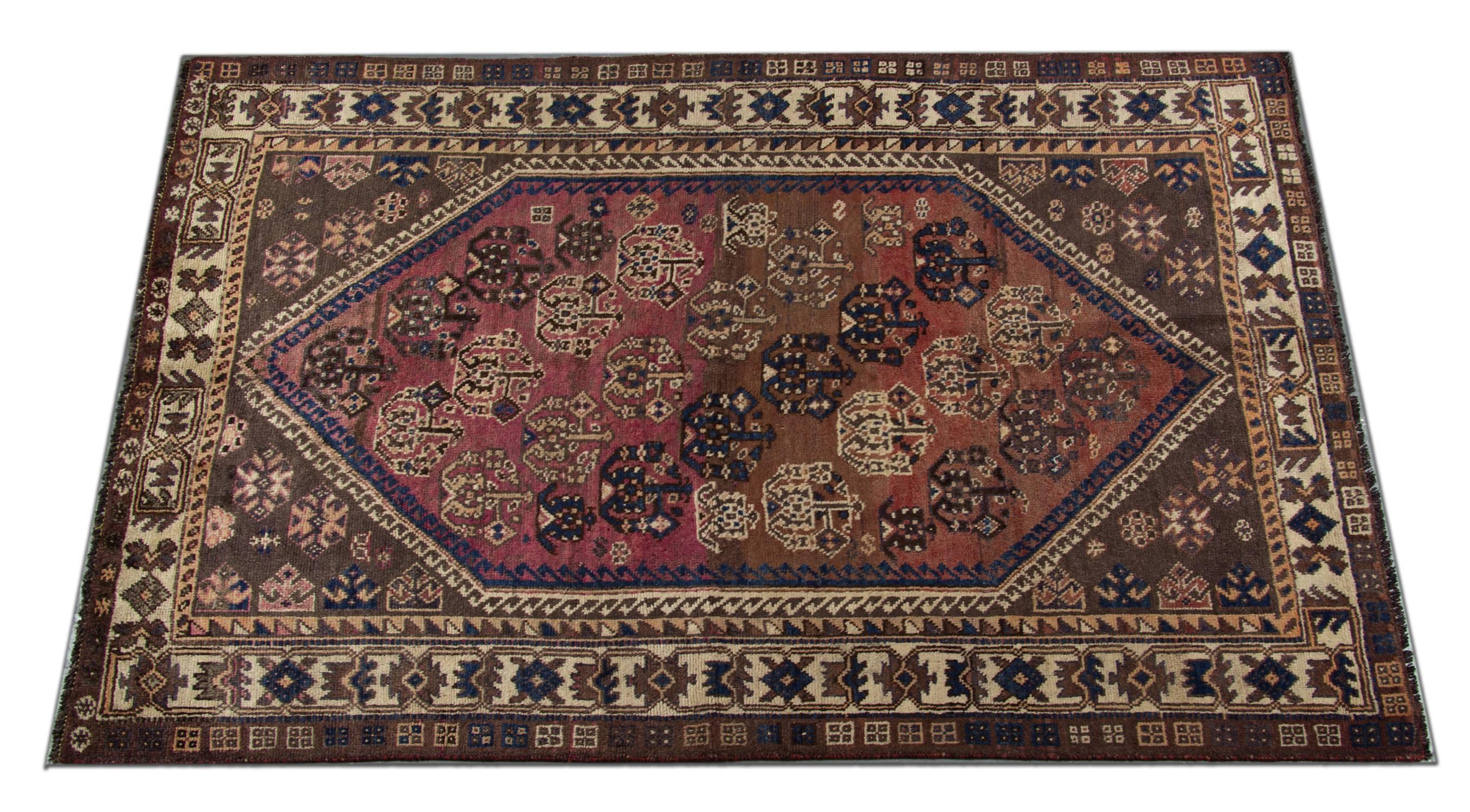 Caucasian Vintage Rug Geometric Paisley Rug, Purple Oriental Handmade Carpet