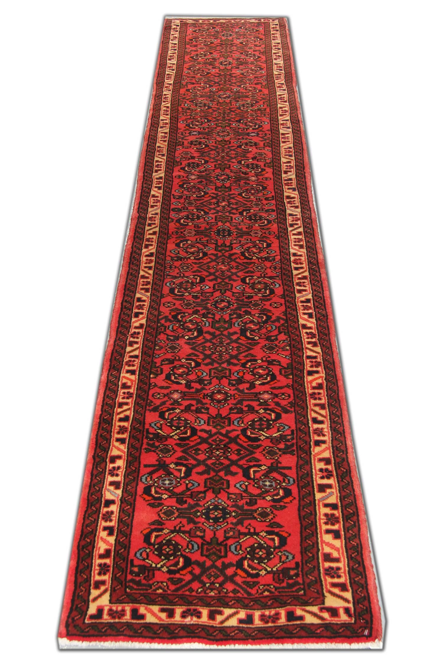 Rustikaler orientalischer Teppich aus rostfarbener, roter Wolle, 400x70cm, handgefertigt (Aserbaidschanisch) im Angebot