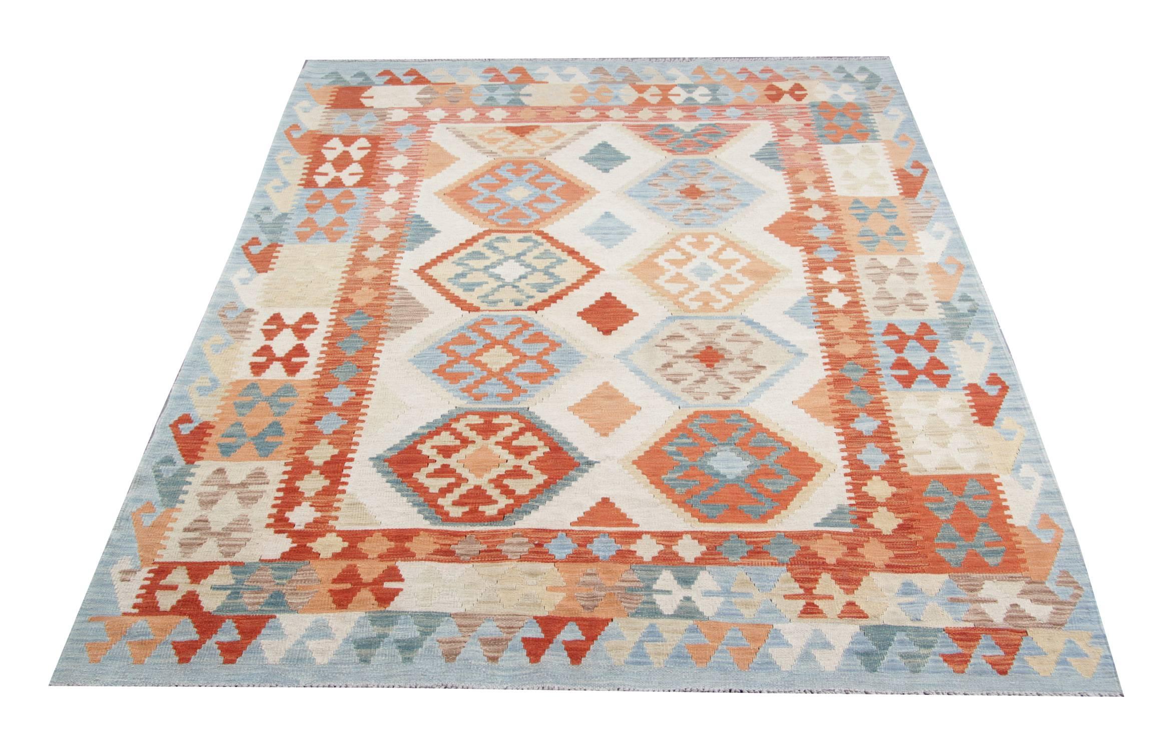 These traditional rugs have been handmade in the North of Afghanistan by Uzbek and Turkmen tribes. These kilims are made by using local wool and cotton. The quality of this woven rug is enhanced by the use of organic dyes. These handmade rugs show a