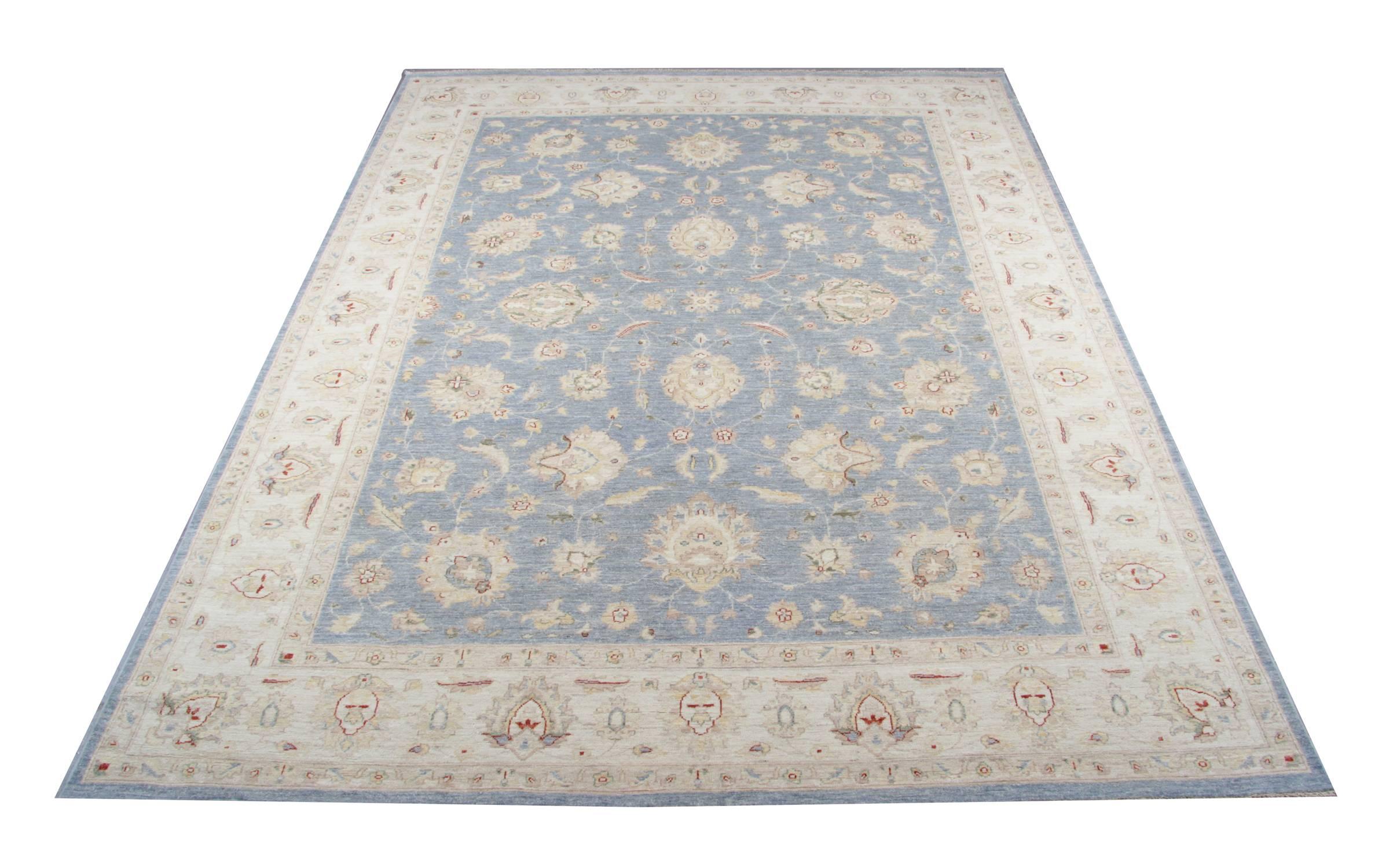 This is Ziegler Sultanabad style carpet made on our own looms by our master weavers in Afghanistan. This Afghan rug is made with all natural vegetable dyes and all hand spun wool. The large rugs design makes this floral rug a unique and one of a
