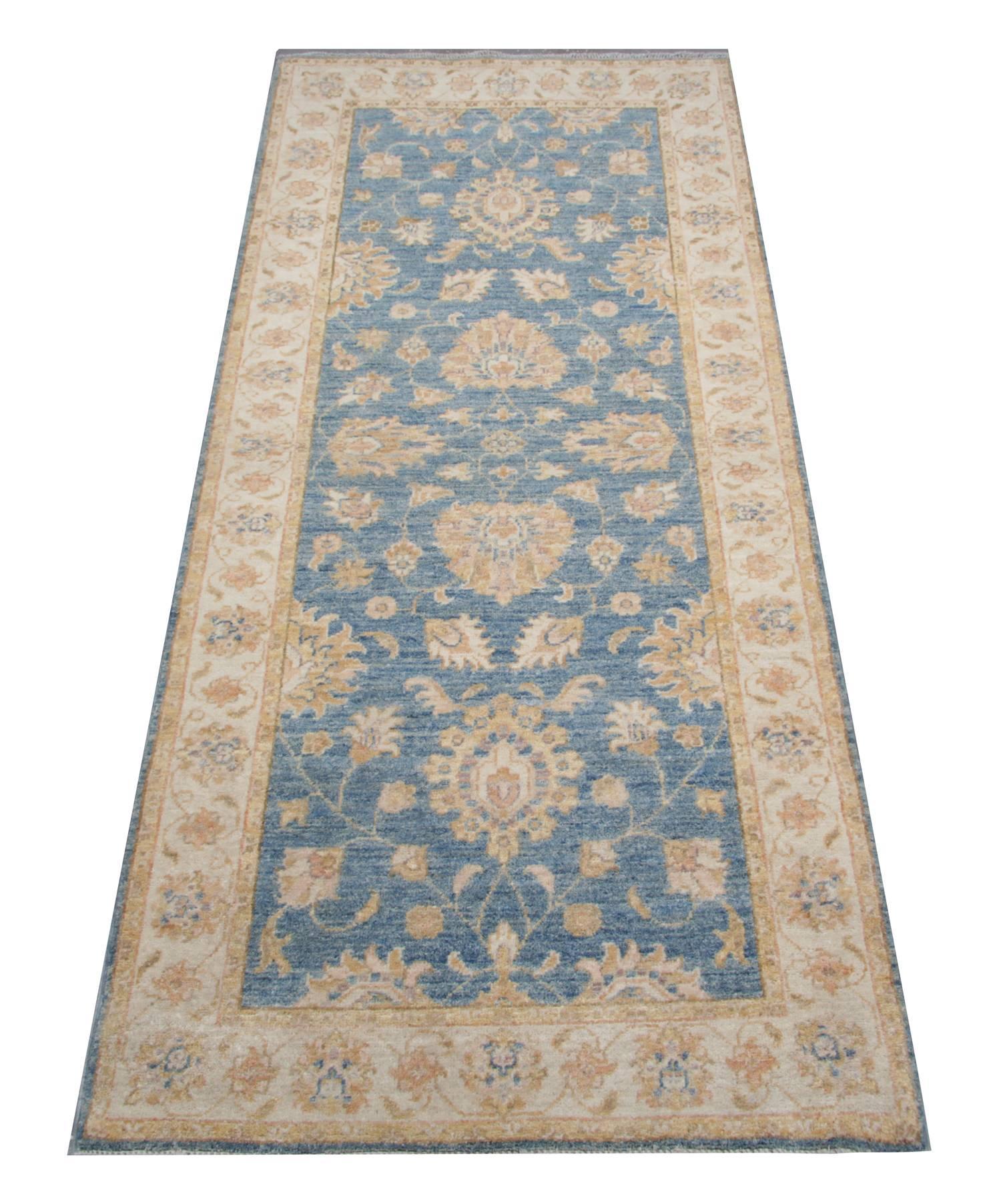 This kind rugs and runners are in the same style of Ziegler Sultanabad runner made on our own looms by our master weavers in Afghanistan, this blue rug runner is made with all-natural vegetable dyes all handmade wool rugs. The large-scale