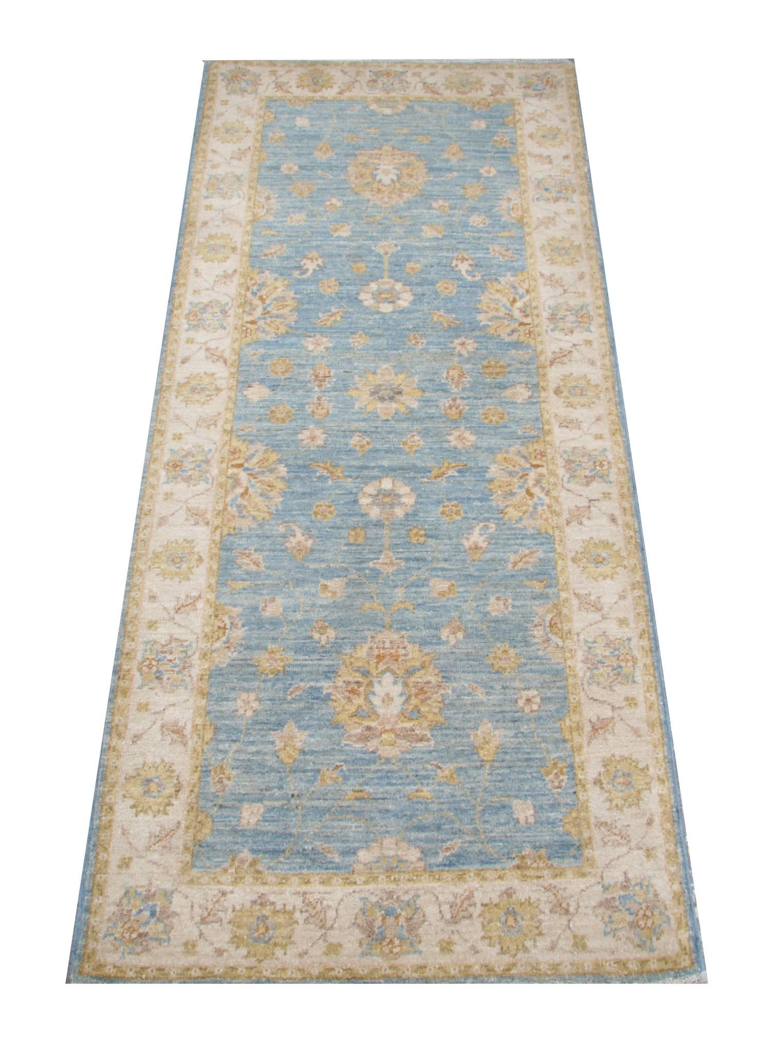This kind rugs and runners are in the same style of Persian Ziegler Sultanabad runner made on our own looms by our master weavers in Afghanistan, this blue rug runner is made with all natural vegetable dyes all handmade wool rugs. The large-scale