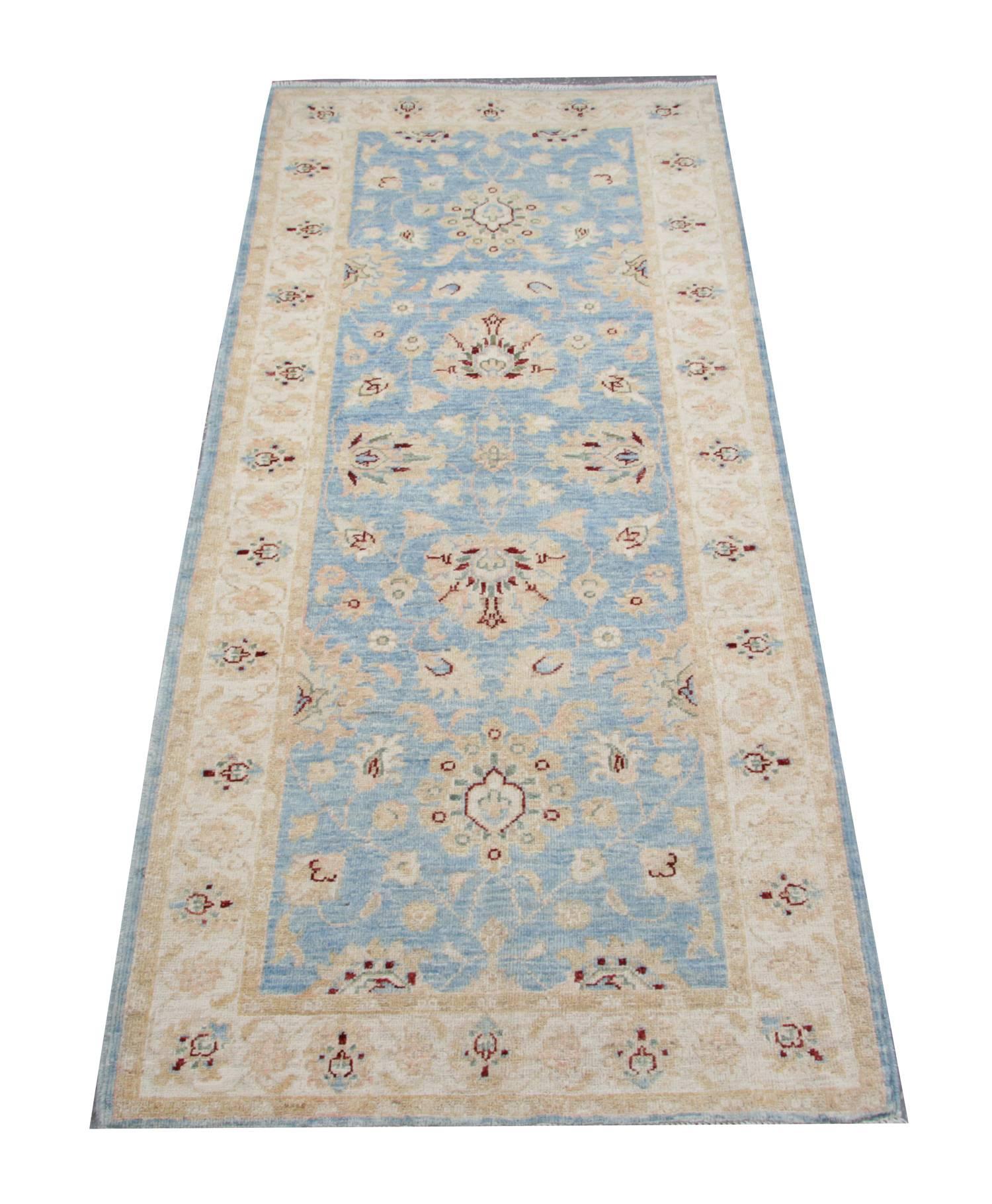 This kind rugs and runners are in the same style of Ziegler Sultanabad runner made on our own looms by our master weavers in Afghanistan, this blue rug runner is made with all-natural vegetable dyes all handmade wool rugs. The large-scale