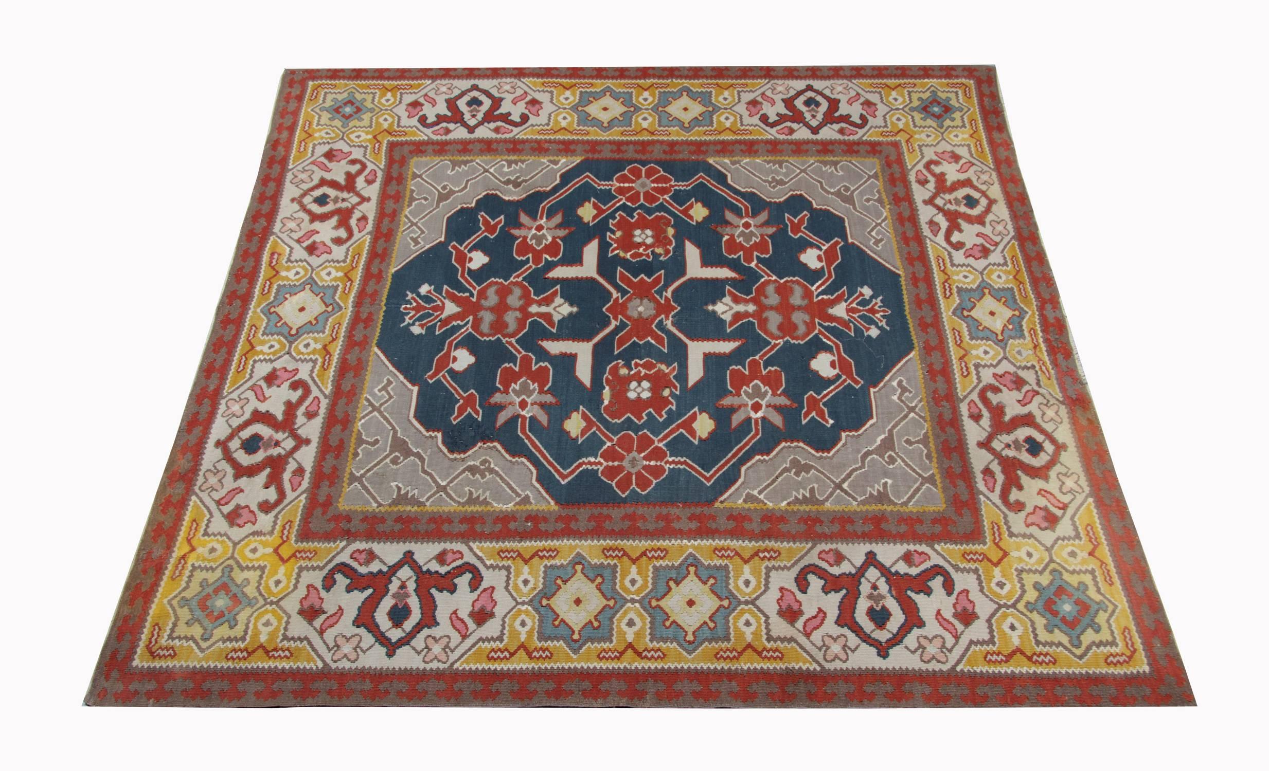 An unusual rugs example of Balkan Pirot Kilim rugs in excellent condition. These kind of traditional rugs are flat weave rug has named Kilim that most of the times have a geometric design with a sharp colour combination such as red, dark green,