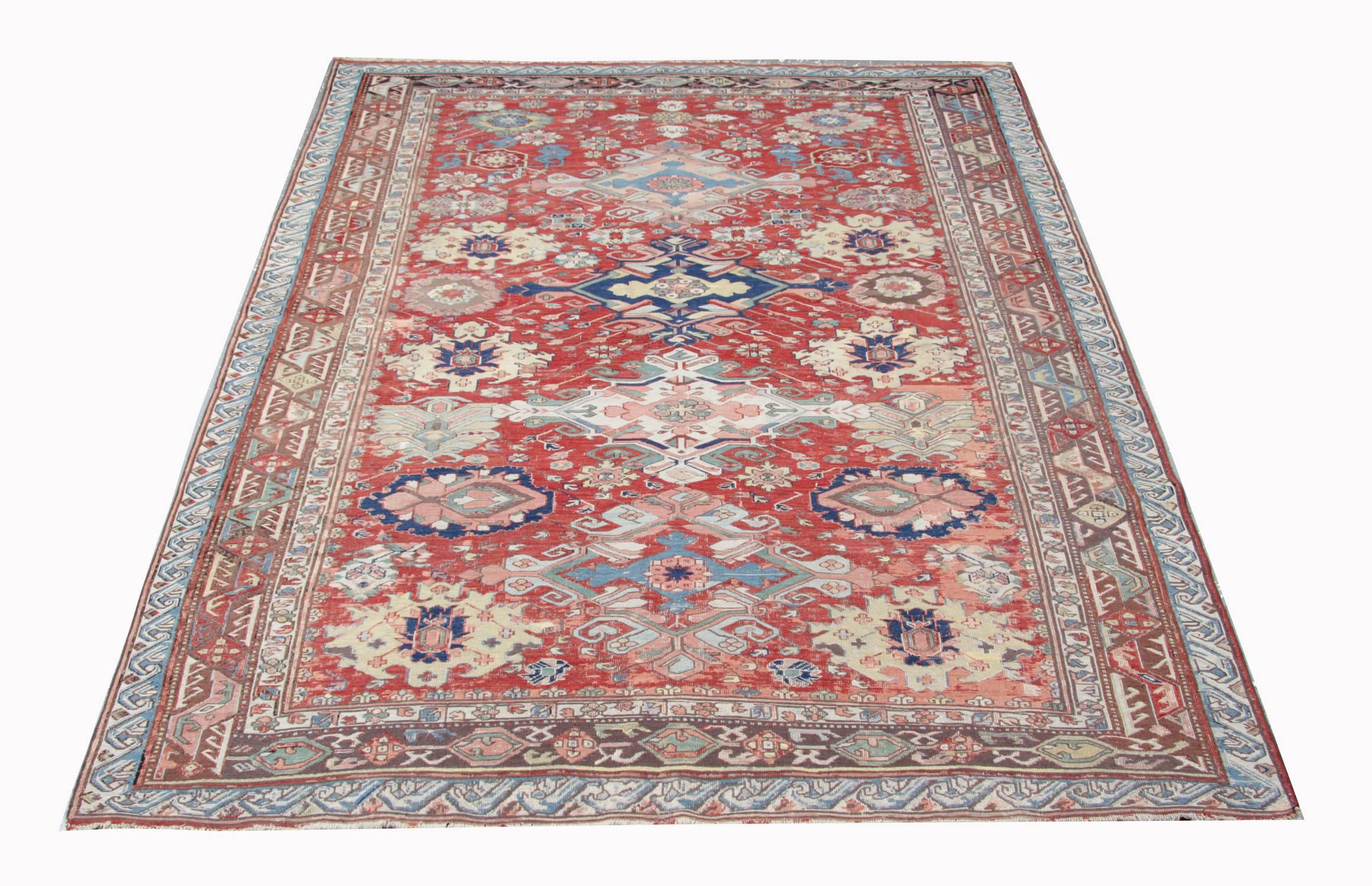 These magnificent antique kilim rugs have named Soumak piece woven in the Caucuses in the 1870s in the city of Kuba - boasts many of the qualities and characteristics most sought after by admirers and collectors of Caucasian art. 
These beautifully