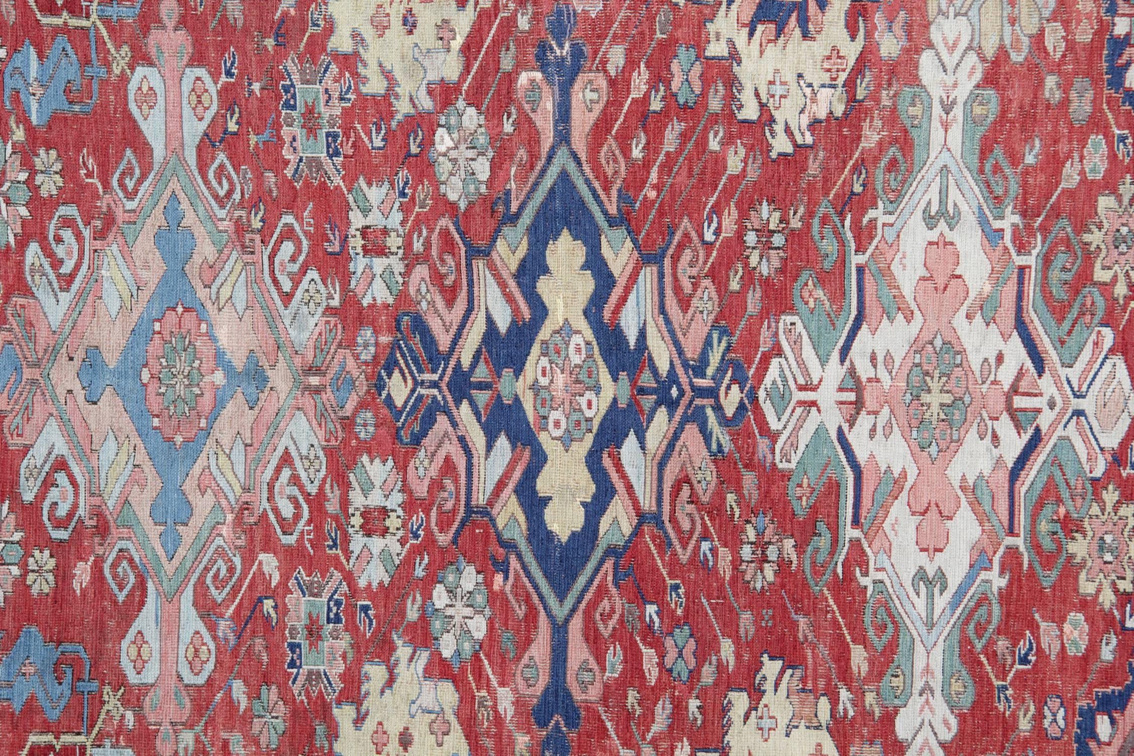 Kazak Rare Antique Rugs from Caucasia, Soumak Flat-Weave Rug For Sale