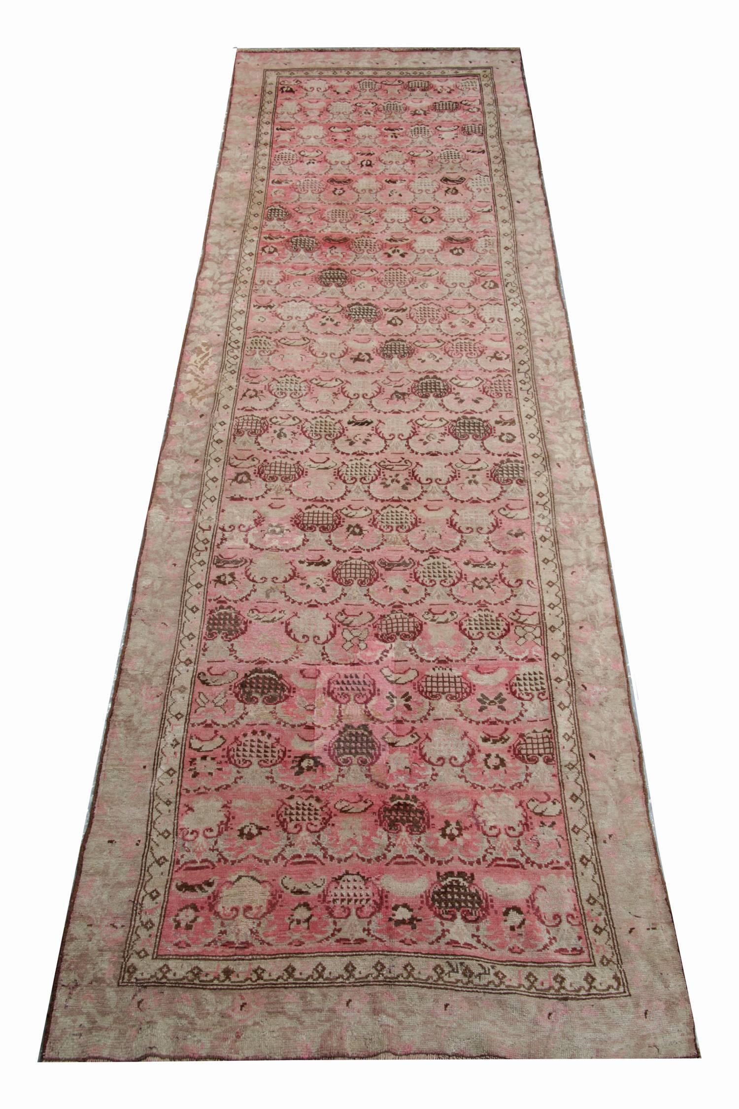 The Antique rug Karabagh runner is well over 140 years old, circa the 1870s. In this Pink rug with most appealing muted soft salmon colour and light brown, we can see traditional rugs style which can be suitable as stair runners. These oriental rug