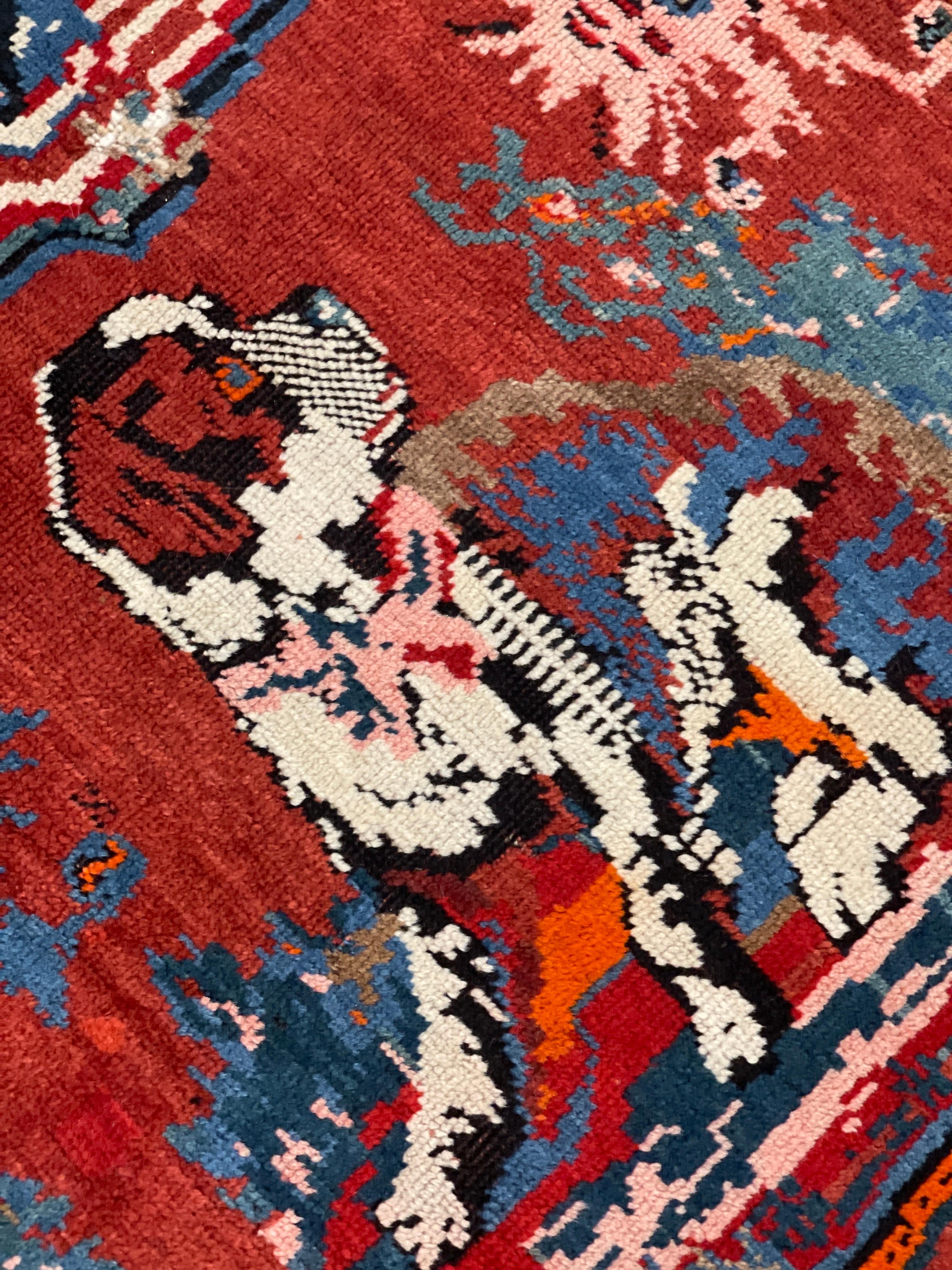 Wool Antique Rugs Caucasian Karabagh, Red Floor Rugs, Animal Design Handmade Carpet For Sale