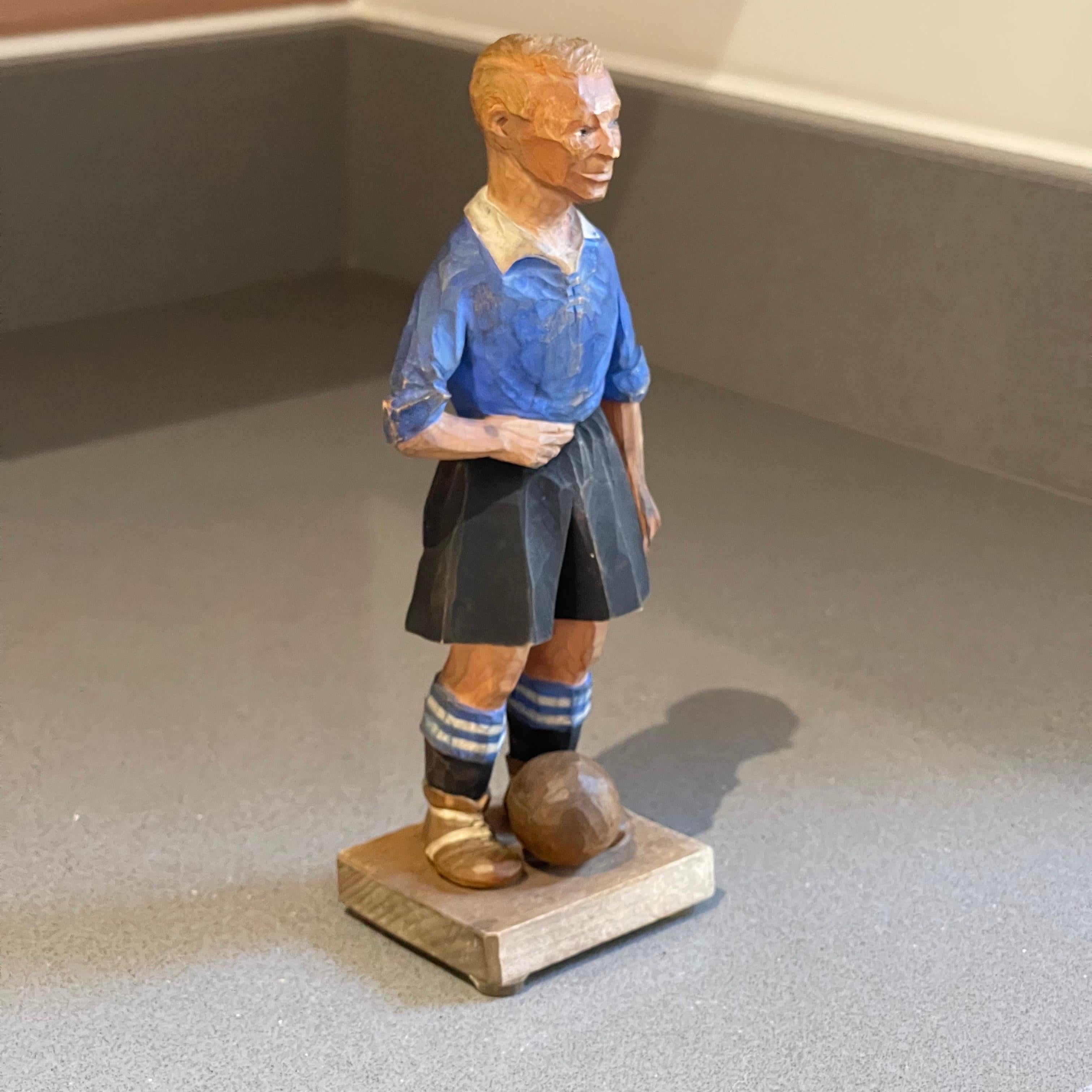 Mid-20th Century Antique Decorative Wooden Figurine Footballer Carl Olof Trygg Carving Sculpture For Sale