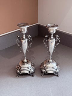Pair Candle Holder Silver Antique Rococo Style Candlesticks, Decorative Patina