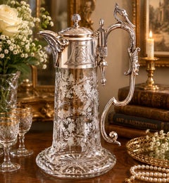 Antique Silver Pitcher, GLASS CLARET JUG Decorative Crystal Flask Silver Itay