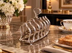 Art Deco Silver Toast Rack, 6 Slice Breakfast Bread Stand With Handle Sheffield
