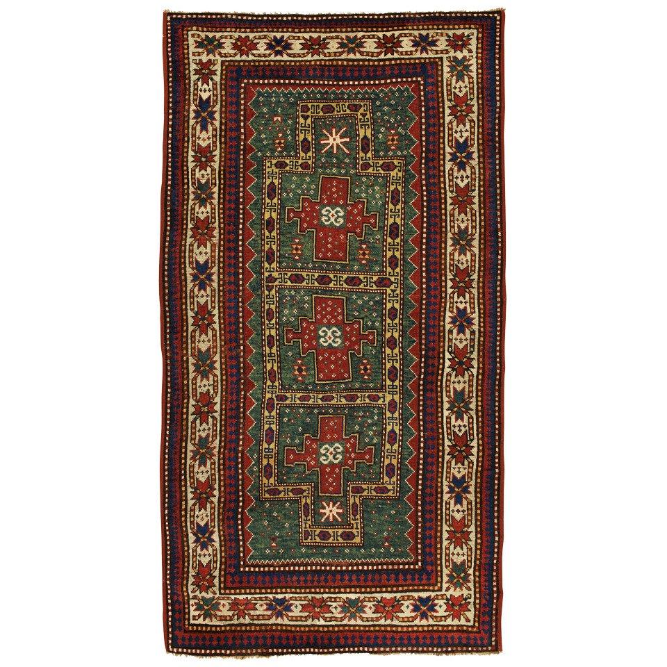 Antique Rugs Handmade Carpet Green Oriental Rug Caucasian Kazak Rug for Sale For Sale