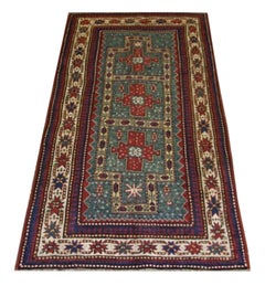 Antique Rugs Handmade Carpet Green Oriental Rug Caucasian Kazak Rug for Sale