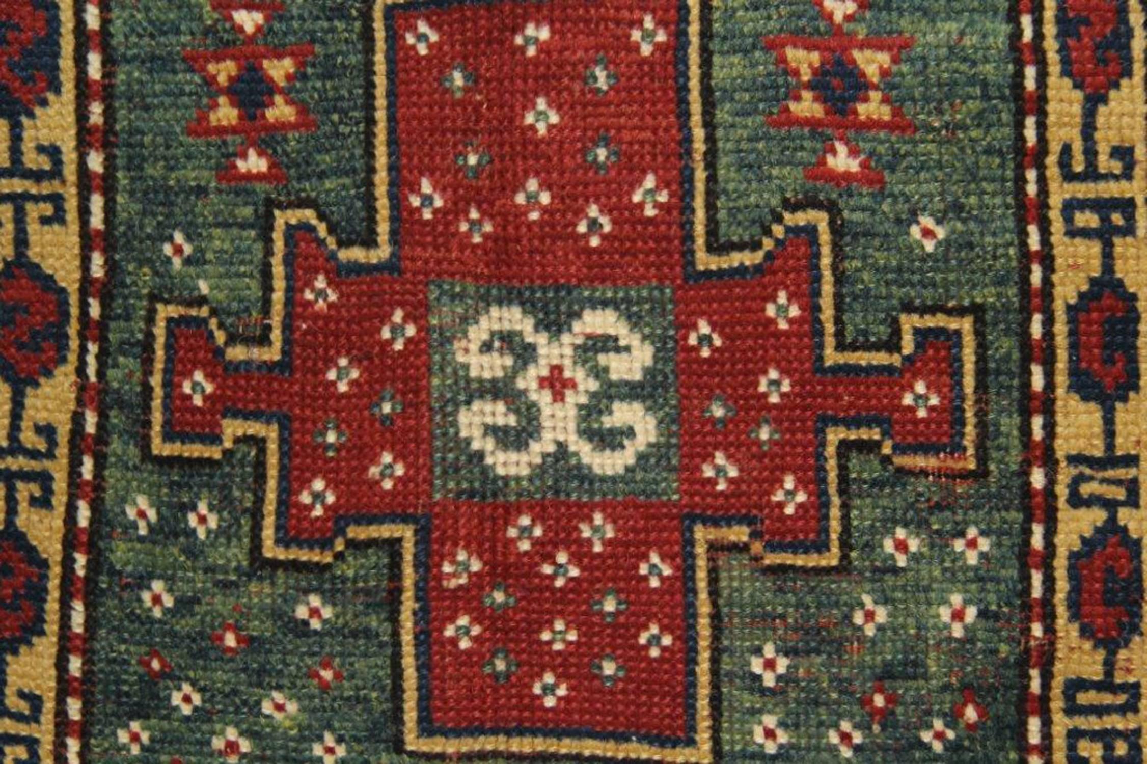 Hand-Woven Antique Rugs Handmade Carpet Green Oriental Rug Caucasian Kazak Rug for Sale For Sale