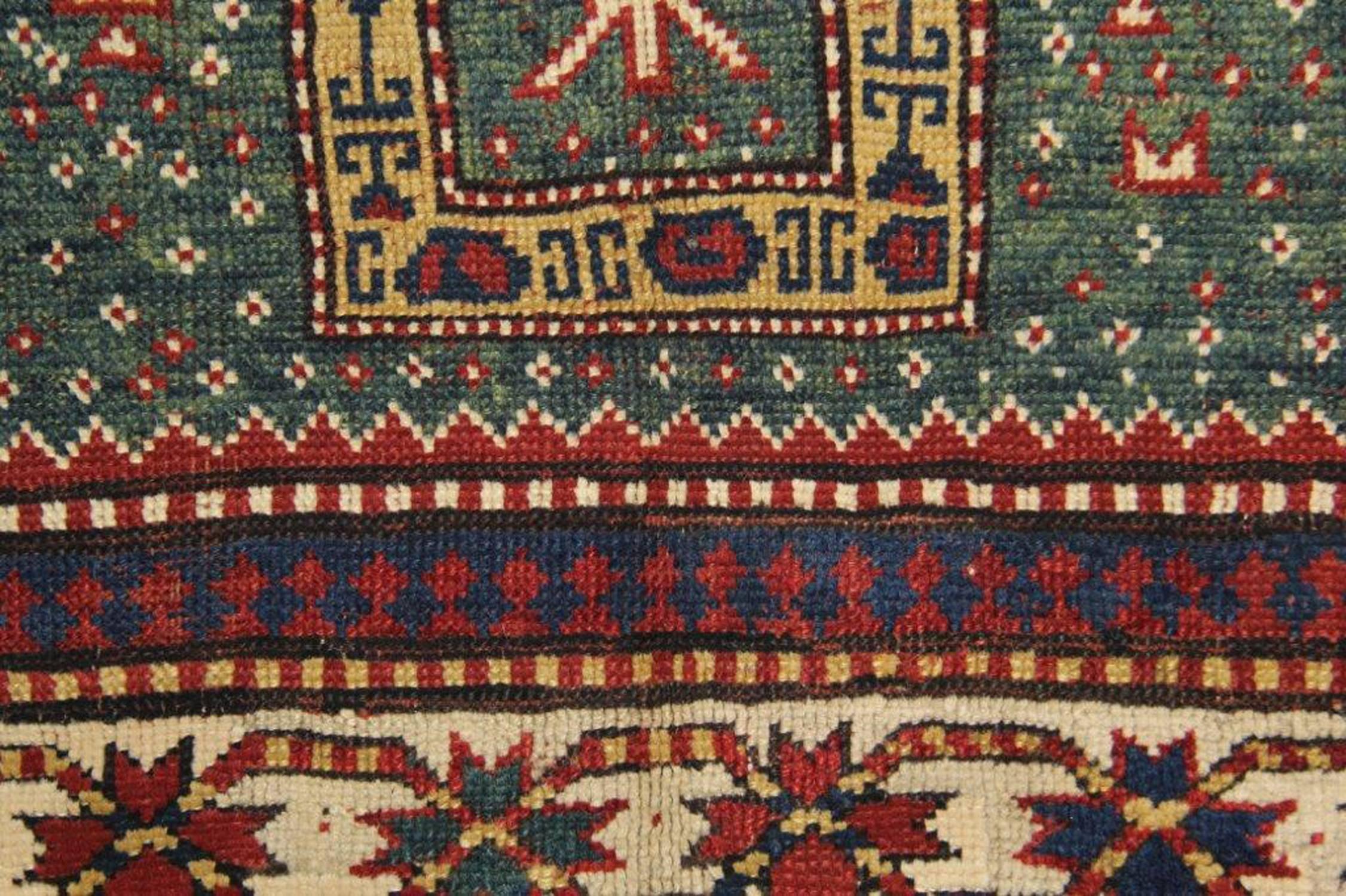 19th Century Antique Rugs Handmade Carpet Green Oriental Rug Caucasian Kazak Rug for Sale For Sale